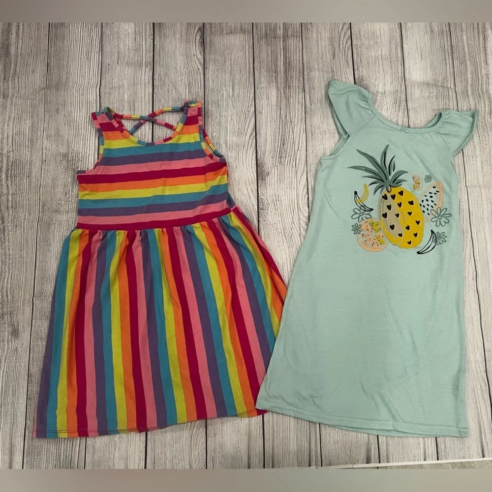 Bundle of 2 :Colorful summer Striped Dress & Pineapple Graphic girls 6-7 / 7-8 - Picture 2 of 10